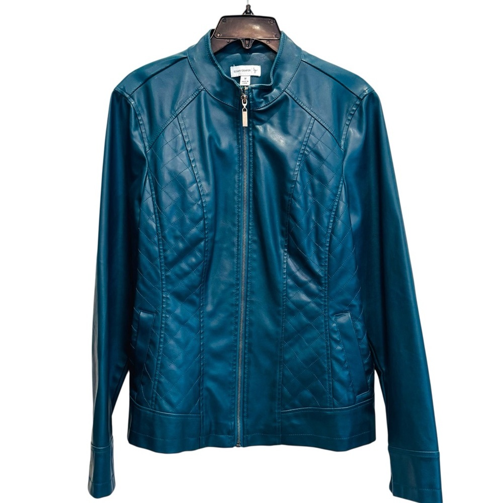 Susan Graver Size M Pine Green Zip-Up Diamond Quilted Front Faux Leather Jacket